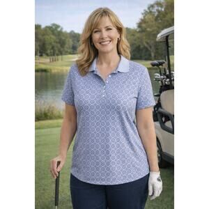 Lands’ End Blue Geometric Print Cotton Polo Shirt Sz L Preppy Casual Golf